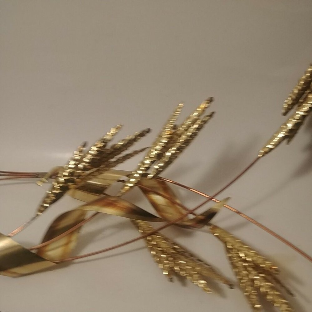 2 MCM Brutalist Wall Hanging Wheat Stalk/ Ribbon Brass Copper Metal Art
